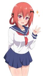 1girl, bangs, bat hair ornament, blue sailor collar, blue skirt, breasts, commentary request, eyebrows visible through hair, fang, gabriel dropout, hair ornament, hair rings, hand up, highres, kurumizawa satanichia mcdowell, large breasts, looking at viewer, nyaroon, open mouth, pleated skirt, purple eyes, red hair, red neckwear, sailor collar, school uniform, serafuku, short hair, simple background, skirt, smile, solo, thighs, white background