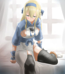 Rule 34 | 1girl, ainu clothes, alternate costume, bed, black thighhighs, blonde hair, blush, breasts, cosplay, dress, green eyes, hair between eyes, headband, highres, indoors, japanese clothes, kamoi (kancolle), kamoi (kancolle) (cosplay), kantai collection, looking at viewer, medium breasts, sideboob, solo, tama (tamago), thighhighs, warspite (kancolle), white background, window