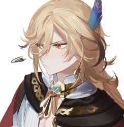 Rule 34 | 1boy, blonde hair, closed mouth, earrings, feather hair ornament, feathers, furrowed brow, genshin impact, gold trim, hair between eyes, hair ornament, highres, jewelry, kaveh (genshin impact), long hair, looking to the side, male focus, orange eyes, simple background, solo, squiggle, upper body, white background, yurayura (mdeh5447)