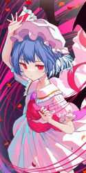 Rule 34 | 1girl, ascot, blue hair, dress, fingernails, hat, highres, jewelry, kiramarukou, mob cap, nail polish, petals, pink dress, puppet strings, red eyes, red nails, remilia scarlet, rose petals, short sleeves, solo, string, string of fate, touhou, wings