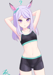 Rule 34 | 1girl, ?, alternate costume, animal ears, aqua bow, armpits, arms up, artist name, black shorts, black sports bra, blush, bow, breasts, commentary request, cowboy shot, ear bow, grey background, highres, horse ears, horse girl, horse tail, long hair, looking at viewer, mejiro mcqueen (umamusume), midriff, navel, parted lips, purple eyes, purple hair, shorts, simple background, small breasts, solo, sports bra, stomach, t2r, tail, umamusume
