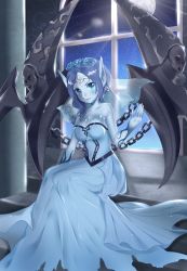 Rule 34 | 1girl, bad id, bad pixiv id, bare shoulders, blue dress, blue eyes, blue hair, blue skin, breasts, bridal veil, circlet, cleavage, colored skin, covered navel, dress, earrings, fang, flower, full moon, ghost bride morgana, hair flower, hair ornament, highres, jewelry, large breasts, league of legends, moon, morgana (league of legends), night, night sky, pointy ears, shiny skin, sitting, sky, solo, strapless, strapless dress, ubi (ekdus6080), veil, window