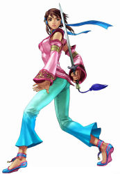 Rule 34 | 1girl, brown eyes, brown hair, chai xianghua, detached sleeves, highres, kawano takuji, namco, official art, short hair, short twintails, solo, soul calibur, soulcalibur, soulcalibur iii, standing, sword, twintails, weapon