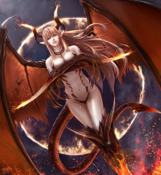 Rule 34 | 1girl, bad id, bad pixiv id, blonde hair, breast hold, breasts, claws, cleavage, closed mouth, dragon girl, dragon horns, dragon tail, dragon wings, dutch angle, elbow blade, fire, highres, horns, jewelry, large breasts, long hair, looking at viewer, monster girl, navel, original, pendant, pointy ears, puuzaki puuna, red eyes, solo, stomach, tail, very long hair, wings