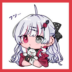 Rule 34 | 1girl, absurdres, ahoge, black bow, black gloves, blush, border, bow, chibi, closed mouth, commentary request, ear piercing, earrings, fingerless gloves, gloves, grey eyes, hair bow, heterochromia, highres, hugging object, ishigami nozomi, jewelry, kashikaze, long hair, looking at viewer, multicolored hair, nijisanji, piercing, red border, red eyes, red hair, solo, streaked hair, virtual youtuber, white background, white hair