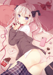 Rule 34 | 1girl, ass, bag, bed, bed sheet, black bow, blush, bow, box, candy, cellphone, chocolate, chocolate bar, closed mouth, collared shirt, dress shirt, envelope, eraser, food, gift, gift box, hair bow, heart, heart-shaped pillow, highres, holding, holding box, holding gift, hoshi (snacherubi), indoors, letter, long hair, long sleeves, looking at viewer, love letter, lying, non-web source, on bed, on side, original, panties, partially undressed, phone, pillow, pink panties, pink ribbon, plaid, plaid skirt, platinum blonde hair, pleated skirt, purple eyes, ribbon, school bag, shirt, silver hair, skirt, smartphone, smile, solo, thighs, twintails, underwear, valentine, white shirt, wing collar