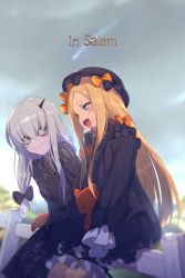 Rule 34 | 2girls, :d, abigail williams (fate), black bow, black dress, black headwear, blonde hair, blush, bow, dress, echo (circa), english text, fate/grand order, fate (series), frilled dress, frills, from side, green eyes, grey hair, hair bow, lavinia whateley (fate), long hair, long sleeves, multiple girls, multiple hair bows, open mouth, orange bow, pale skin, parted bangs, puffy long sleeves, puffy sleeves, smile, teeth, upper teeth only