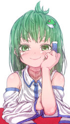 Rule 34 | 1girl, aged down, ahoge, bare shoulders, blush, closed mouth, collarbone, commentary request, detached sleeves, flat chest, frog hair ornament, green eyes, green hair, hair ornament, hair tubes, hand on own cheek, hand on own face, highres, karasawa-40, kochiya sanae, looking at viewer, medium hair, shirt, simple background, sitting, smile, solo, table, touhou, upper body, white background, white shirt, white sleeves