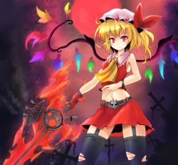 Rule 34 | 1girl, adapted costume, alternate weapon, alternate wings, ascot, bad id, bad pixiv id, bare shoulders, blonde hair, embodiment of scarlet devil, female focus, flandre scarlet, garter straps, gloves, hat, injury, laevatein, midriff, navel, red eyes, short hair, side ponytail, single glove, skirt, solo, sumapan, sword, thighhighs, torn clothes, torn thighhighs, touhou, weapon, wings, zettai ryouiki