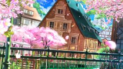 Rule 34 | animal, bird, blue sky, blurry, blurry foreground, cherry blossoms, cloud, cloudy sky, day, depth of field, fence, flower, highres, house, lamppost, no humans, original, outdoors, petals, pink flower, scenery, sky, swordsouls, tree, water, window
