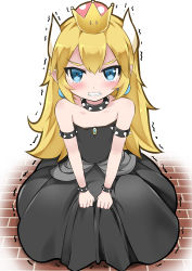 Rule 34 | 1girl, absurdres, aged down, armlet, bare shoulders, black dress, blonde hair, blue gemstone, blush, bowsette, bracelet, catstudioinc (punepuni), clenched teeth, collar, commentary, crown, dress, earrings, english commentary, fangs, gem, highres, horns, jewelry, long hair, looking at viewer, mario (series), new super mario bros. u deluxe, nintendo, parted bangs, pointy ears, scowl, simple background, solo, spiked armlet, spiked bracelet, spiked collar, spikes, strapless, strapless dress, super crown, tears, teeth, trembling, v-shaped eyebrows, white background