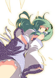 Rule 34 | 1girl, asoka, bare shoulders, breasts, detached sleeves, female focus, frog hair ornament, from below, green eyes, green hair, hair ornament, kochiya sanae, large breasts, looking at viewer, looking down, matching hair/eyes, nontraditional miko, simple background, solo, touhou, vest, white background