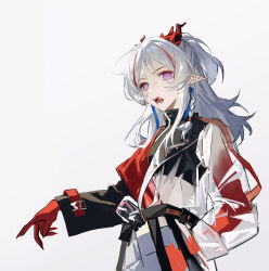 Rule 34 | 1girl, absurdres, arknights, braid, crop top, fang, grey background, grey hair, hand on own hip, highres, horns, long hair, long sleeves, looking at viewer, multicolored hair, nian (arknights), open mouth, pe902, pointy ears, purple eyes, red hair, see-through, simple background, solo, streaked hair, wide sleeves