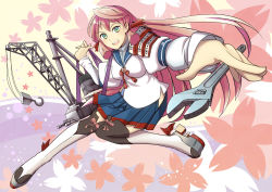 Rule 34 | 10s, 1girl, adjustable wrench, akashi (kancolle), aroha j, green eyes, hair ribbon, highres, hip vent, kantai collection, long hair, looking at viewer, open mouth, pink hair, ribbon, school uniform, serafuku, side slit, skirt, smile, solo, thighhighs, tress ribbon, twintails, wrench