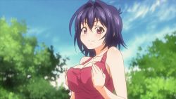 Rule 34 | 1girl, animated, animated gif, breasts squeezed together, breasts, cleavage, female focus, large breasts, maken-ki!, maken-ki! two, nijou aki, purple hair, short hair, smile, solo, talking, aged down