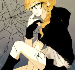 Rule 34 | 1girl, arm support, between legs, black-framed eyewear, black footwear, black gloves, black shorts, blonde hair, boots, braid, bug, commentary request, covered mouth, covering own mouth, earrings, finger to mouth, frilled gloves, frilled sleeves, frills, from side, glasses, gloves, green eyes, hair between eyes, hair over shoulder, half-closed eyes, hand between legs, hand up, hood, hood down, jewelry, kana (kwbr), knee boots, knee up, long hair, looking at viewer, looking to the side, original, partially fingerless gloves, ring, short shorts, short sleeves, shorts, silk, single braid, sitting, sketch, solo, spider, spider web, stud earrings