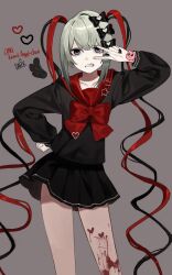 Rule 34 | 1girl, absurdres, black bow, black eyes, black hair, black nails, black serafuku, black shirt, black skirt, black wings, blood, blood on leg, bow, brown background, character name, chouzetsusaikawa tenshi-chan, chouzetsusaikawa tenshi-chan (dark angel), dark persona, feet out of frame, frown, glaring, grey hair, hair bow, hair ornament, hand on own hip, hand up, heart, heart hair ornament, highres, long hair, long sleeves, looking at viewer, multicolored hair, multiple hair bows, nail polish, needy girl overdose, official alternate color, p (pm 611a), pien cat (needy girl overdose), pleated skirt, quad tails, red hair, red sailor collar, sailor collar, school uniform, self-harm, self-harm scar, serafuku, shirt, skirt, solo, standing, teeth, v over eye, very long hair, wings