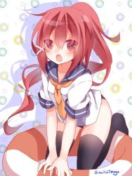 Rule 34 | 10s, 1girl, i-168 (kancolle), innertube, jpeg artifacts, kantai collection, long hair, mogu (au1127), ponytail, red eyes, red hair, school uniform, solo, swim ring, swimsuit, thighhighs