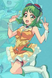 Rule 34 | 1girl, aqua background, bare shoulders, boots, brooch, commentary, frilled skirt, frills, full body, garter straps, goggles, goggles on head, green eyes, green hair, gumi, headphones, headset, highres, jewelry, kentaro 365, knee boots, layered skirt, legs up, looking at viewer, miniskirt, orange skirt, orange vest, red goggles, shirt, short hair, single garter strap, skirt, sleeveless, sleeveless shirt, smile, solo, vest, vocaloid, white footwear, wrist cuffs, yellow shirt, zoom layer