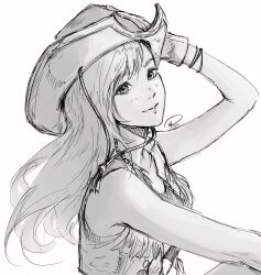 Rule 34 | 1girl, bare shoulders, breasts, closed mouth, commentary, cowboy hat, crisis core final fantasy vii, final fantasy, final fantasy vii, final fantasy vii rebirth, final fantasy vii remake, gloves, greyscale, hand on headwear, hat, highres, kuroiitulip, light blush, long hair, looking at viewer, medium breasts, monochrome, signature, sketch, smile, solo, swept bangs, tifa lockhart, tifa lockhart (cowgirl), upper body, vest, white background