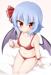 Rule 34 | 1girl, bare arms, bare shoulders, bat wings, bed sheet, bikini, blue hair, blush, breasts, clenched hand, collarbone, commentary request, eyes visible through hair, fang, fang out, gradient background, hair between eyes, hair ribbon, highres, looking at viewer, navel, no headwear, pink background, red bikini, red eyes, red ribbon, remilia scarlet, ribbon, shadow, sitting, small breasts, solo, stomach, suwa yasai, sweat, swimsuit, thighs, touhou, tsurime, white background, wings, wrist cuffs