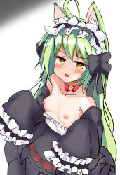 Rule 34 | absurdres, ahoge, akashi (azur lane), animal ear fluff, animal ears, azur lane, bad id, bad pixiv id, bare shoulders, bell, black bow, black skirt, black sleeves, bow, breasts, breasts out, cat ears, cat girl, gothic lolita, green hair, hair bow, hair ornament, highres, jingle bell, light blush, lolita fashion, long hair, looking at viewer, maid headdress, nipples, punchedcard, red bow, skirt, small breasts, yellow eyes