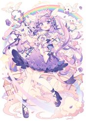 Rule 34 | 1girl, animal ears, blunt bangs, cat ears, cat tail, choker, cloud, commentary, cross-shaped pupils, dress, flower, full body, gloves, hyou (pixiv3677917), long hair, open mouth, original, purple choker, purple dress, purple eyes, purple flower, purple footwear, purple hair, purple ribbon, purple rose, rainbow, ribbon, rose, smile, solo, spoon, symbol-only commentary, symbol-shaped pupils, tail, thighhighs, two side up, white gloves, white thighhighs