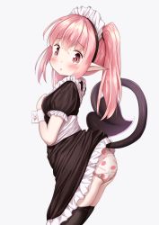 Rule 34 | 1girl, :o, ass, black dress, black thighhighs, blush, breasts, clothes lift, clothes writing, commentary request, demon girl, demon tail, dress, dress lift, english text, food print, frilled dress, frills, grey background, hair between eyes, hand up, highres, lifting own clothes, lifted by tail, long hair, looking at viewer, looking to the side, maid, maid headdress, mochiyuki, original, panties, parted lips, pink hair, pointy ears, print panties, puffy short sleeves, puffy sleeves, red eyes, short sleeves, simple background, small breasts, solo, strawberry panties, strawberry print, tail, tail raised, thighhighs, underwear, white panties, wings, wrist cuffs