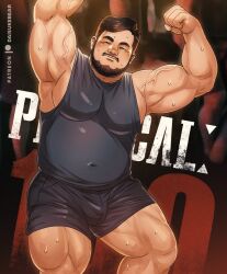 Rule 34 | 1boy, abs, armpits, asian, bara, beard, belly, biceps, black shorts, blush, bulge, covered navel, daisukebear, double biceps pose, facial hair, facing viewer, fat, fat man, feet out of frame, flexing, grey shirt, large pectorals, male focus, mature male, muscular, muscular male, mustache, nipples, original, pectorals, shirt, short hair, shorts, sidepec, sleeveless, sleeveless shirt, solo, standing, stomach, sweat, thick thighs, thighs, veins, veiny arms, very sweaty