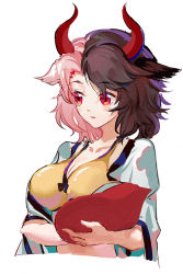 Rule 34 | 1girl, animal ears, animal print, black hair, blush, breasts, cleavage, collarbone, commentary, cow ears, cow horns, cow print, cropped torso, haori, holding, horns, japanese clothes, large breasts, long sleeves, midriff, multicolored hair, red eyes, short hair, silver hair, simple background, solo, split-color hair, sports bra, touhou, two-tone hair, upper body, ushizaki urumi, vanink, white background, wide sleeves