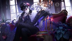 Rule 34 | 1boy, alchemy stars, black hair, black hat, black legwear, book, bowler hat, candelabra, candle, candlestand, chandelier, clock, commentary request, couch, crossed legs, fire, formal, glasses, grandfather clock, hat, highres, kleken (alchemy stars), lentain, looking at viewer, multicolored hair, one eye closed, pale skin, plant, pointy ears, red-tinted eyewear, round eyewear, short hair, sitting, smile, solo, suit, tentacles, tinted eyewear, translucent, very short hair, watch, window