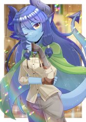 Rule 34 | 1girl, ;), blue hair, blue skin, blurry, blurry background, breasts, brown eyes, brown gloves, brown pants, brown shirt, colored skin, commentary request, commission, depth of field, dragon girl, dragon horns, dragon tail, fingerless gloves, gloves, hair between eyes, hand up, horns, kou hiyoyo, long hair, long sleeves, one eye closed, original, pants, pointy ears, shirt, sidelocks, skeb commission, small breasts, smile, solo, standing, tail, very long hair