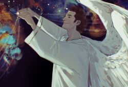 Rule 34 | 1boy, angel wings, arms up, black eyes, brown hair, commentary, crowley (good omens), dark background, english commentary, good omens, hanging, highres, light smile, long sleeves, male focus, robe, sabellart, sky, space, star (sky), starry sky, upper body, white robe, white wings, wide sleeves, wings