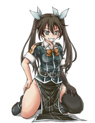 Rule 34 | 1girl, black footwear, black gloves, breasts, brown hair, elbow gloves, gloves, green eyes, hair ribbon, hand on own hip, hand on own thigh, kantai collection, kneehighs, looking at viewer, masamori ikemo, no panties, ribbon, simple background, small breasts, smile, socks, solo, spread legs, squatting, teeth, tone (kancolle), tone kai ni (kancolle), twintails, white background, white ribbon