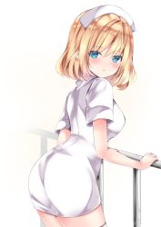 Rule 34 | 1girl, alice margatroid, ass, bad id, bad pixiv id, blonde hair, blue eyes, blush, breasts, dress, from behind, hair between eyes, hat, highres, leaning forward, looking at viewer, looking back, medium breasts, nanase nao, nurse, nurse cap, parted lips, railing, short sleeves, solo, touhou, white background, white dress