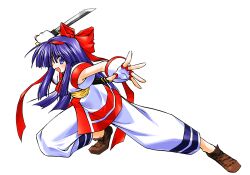 Rule 34 | 1girl, ainu clothes, armpit peek, blue eyes, breasts, feet, fingerless gloves, gloves, hair over one eye, hair ribbon, kageyama shinobi, legs, long hair, looking at viewer, nakoruru, open mouth, outstretched arm, pants, purple hair, ribbon, samurai spirits, shoes, small breasts, smile, snk, solo, squatting, the king of fighters, thighs, victory pose
