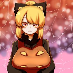 Rule 34 | 1girl, black bow, black shirt, blonde hair, blurry, blurry background, blush, bow, breasts, brown background, brown dress, brown eyes, closed mouth, collared shirt, commentary request, dress, extra eyes, frilled shirt collar, frills, hair bow, hair bun, highres, kurodani yamame, large breasts, long sleeves, looking at viewer, medium hair, pinafore dress, rinyamame, shirt, silk, sleeveless dress, smile, solo, spider web, touhou, upper body