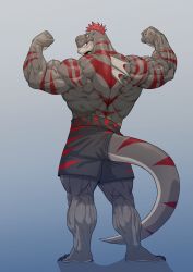 Rule 34 | 1boy, absurdres, bara, biceps, double biceps pose, fangs, fjrtuflrkdxk, flexing, furry, furry male, highres, looking at viewer, looking back, male focus, manly, mature male, muscular, muscular male, original, red hair, reptile boy, sharp teeth, short hair, shorts, simple background, smirk, solo, spiked hair, teeth, thick arms, thick thighs, thighs, topless male, veins, veiny arms