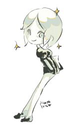 Rule 34 | 1other, androgynous, bare legs, dated, elbow gloves, from behind, from side, full body, gem uniform (houseki no kuni), gloves, holding, holding notepad, houseki no kuni, leaning forward, looking at viewer, looking back, monochrome, notepad, other focus, phosphophyllite, puffy short sleeves, puffy sleeves, shoes, short hair, short sleeves, solo, standing, yawo