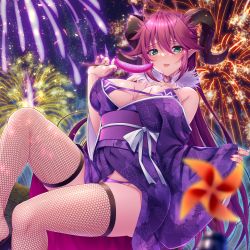 Rule 34 | 1girl, absurdres, ahoge, asmodeus (sin nanatsu no taizai), asmodeus (the seven deadly sins), banana, bare shoulders, breasts, emanon123, eyebrows hidden by hair, fireworks, fishnet thighhighs, fishnets, food, fruit, green eyes, hair between eyes, highres, holding, horns, japanese clothes, kimono, large breasts, long hair, looking at viewer, official art, open mouth, purple hair, sin nanatsu no taizai, sitting, smile, solo, summer festival, the seven deadly sins, thighhighs