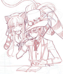 Rule 34 | 1boy, 1girl, alice in wonderland, animal ears, c.c., cat ears, cheshire cat (alice in wonderland), cheshire cat (cosplay), code geass, code geass: nunnally in wonderland, cosplay, creayus, hat, lelouch vi britannia, lineart, mad hatter (alice in wonderland), mad hatter (alice in wonderland) (cosplay), monochrome, striped clothes, striped thighhighs, thighhighs