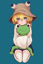 Rule 34 | 1girl, blonde hair, blue background, blue eyes, bright pupils, brown headwear, closed mouth, frog, full body, highres, holding, long sleeves, looking at viewer, moriya suwako, neritch, seiza, short hair, sidelocks, simple background, sitting, solo, thighhighs, touhou, white pupils, white thighhighs, wide sleeves