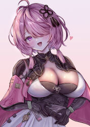Rule 34 | 1girl, :d, absurdres, black gloves, blush, breasts, cleavage, gloves, hair ornament, hair over one eye, heart, highres, large breasts, looking at viewer, medium breasts, medium hair, mito soosu, open mouth, pink hair, purple eyes, smile, solo, taoqi (wuthering waves), white background, wuthering waves