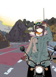 Rule 34 | 1girl, absurdres, afro (kngotezo), brown hair, commentary request, gloves, helmet, highres, jacket, long hair, looking at viewer, motor vehicle, motorcycle, outdoors, road, solo, toki ayano, yellow eyes, yurucamp
