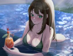Rule 34 | 1girl, ass, bikini, black bikini, blush, breasts, brown hair, cleavage, cocktail, cocktail glass, collarbone, cup, drinking glass, green eyes, highres, idolmaster, idolmaster cinderella girls, large breasts, leaning forward, long hair, looking at viewer, meraring, partially submerged, shibuya rin, solo, straight hair, swimsuit, very long hair, water drop