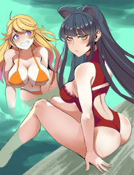 Rule 34 | 2girls, absurdres, ahoge, animal ears, ass, back cutout, bare shoulders, bikini, black hair, blake belladonna, blonde hair, blush, breasts, cat ears, cat girl, cleavage, clothing cutout, collarbone, frown, highres, krius-ol, lace, large breasts, long hair, looking at another, multiple girls, one-piece swimsuit, pool, poolside, purple eyes, rwby, sitting, smile, swimsuit, thighs, yang xiao long, yellow bikini, yellow eyes