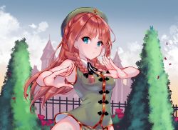 Rule 34 | 1girl, adapted costume, arms up, bare arms, bare hips, bare shoulders, blue eyes, blue sky, braid, breasts, building, closed eyes, closed mouth, day, earrings, fence, fighting stance, green headwear, green vest, highres, hong meiling, jewelry, long hair, looking at viewer, medium breasts, miyakoto, outdoors, petals, red hair, sky, sleeveless, solo, star (symbol), stud earrings, touhou, tree, twin braids, upper body, vest