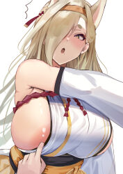 Rule 34 | 1girl, 1other, :o, absurdres, animal ears, areola slip, bare shoulders, blonde hair, blue archive, blush, breasts, commentary request, detached sleeves, hair ornament, hair over one eye, hairband, highres, kaho (blue archive), large breasts, long hair, long sleeves, looking at viewer, mole, mole under mouth, namazu (yamasonson), one eye covered, open mouth, orange hairband, simple background, solo focus, thick eyebrows, upper body, white background, yellow eyes
