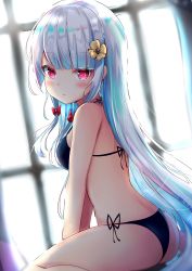 Rule 34 | 1girl, ass, bare arms, bare shoulders, bikini, black bikini, blunt bangs, blurry, blush, breasts, closed mouth, commentary request, depth of field, flower, hair flower, hair ornament, long hair, looking at viewer, looking to the side, medium breasts, original, red eyes, renka (cloudsaikou), revision, side-tie bikini bottom, sidelocks, silver hair, sitting, solo, swimsuit, thighs, very long hair, wariza, yellow flower