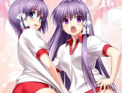 Rule 34 | 2girls, blue eyes, blush, bow, buruma, clannad, clothes pull, commentary request, eyelashes, eyes visible through hair, frown, fujibayashi kyou, fujibayashi ryou, gym uniform, hair between eyes, hair bow, hair intakes, hair ribbon, hands on own hips, long hair, looking at viewer, looking back, multiple girls, open mouth, pink background, pulling own clothes, purple eyes, red buruma, ribbon, shirt, shirt pull, short hair, short sleeves, siblings, sidelocks, simple background, sisters, straight hair, teeth, twins, upper teeth only, very long hair, white bow, white ribbon, white shirt, zen (kamuro)
